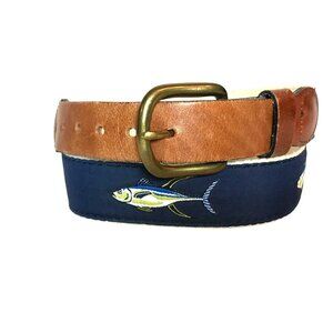 Leather Man Ltd. Mens Size 34 Belt Fish Embroidered & Brown Leather Brass Buckle